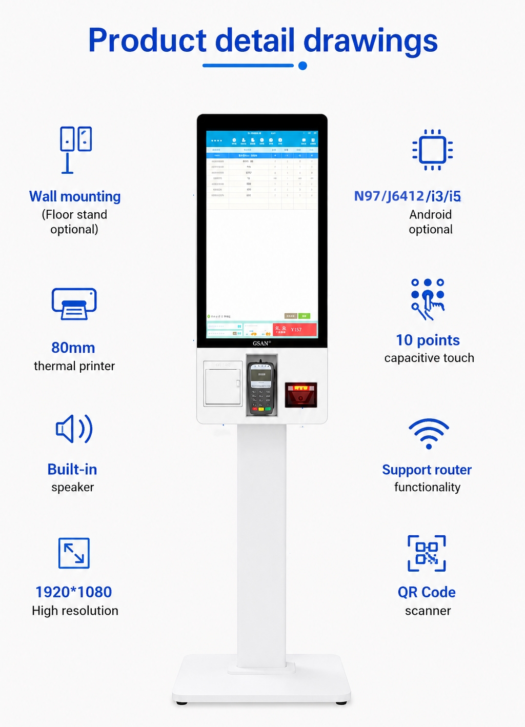 GS-Q1 Supermarkt-Selbstbedienungs-Touch-Zahlungsautomat POS-System-Kiosk
